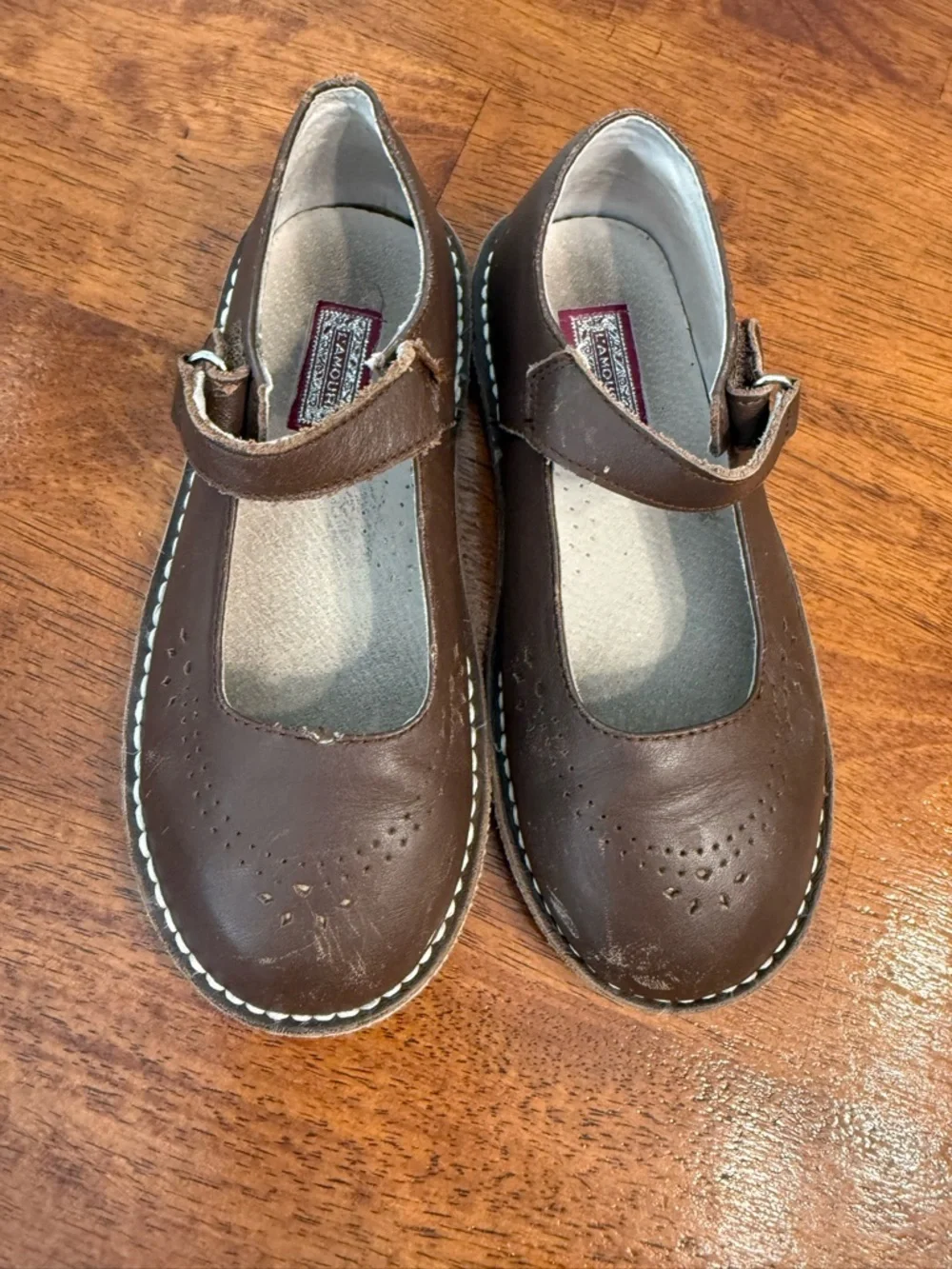 L'Amour Antonia Girls Mary Jane Shoes Brown Leather Perforated School size 1